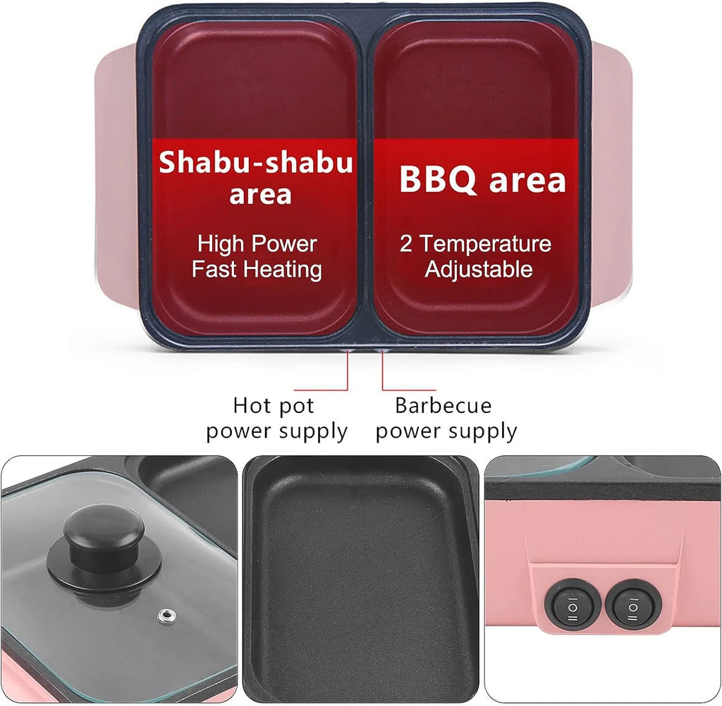 Pink Electric Hot Pot with Grill, Non-Stick Frying Pan V109