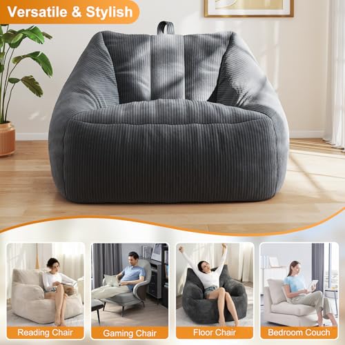 Large Comfy Corduroy Bean Bag Chair with Armrests Grey V330573