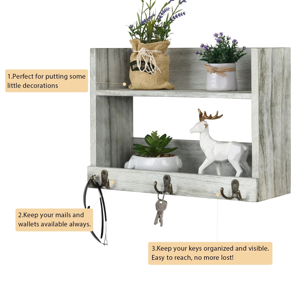 Rustic Wood Floating Storage Shelf with 3 Hooks N2422