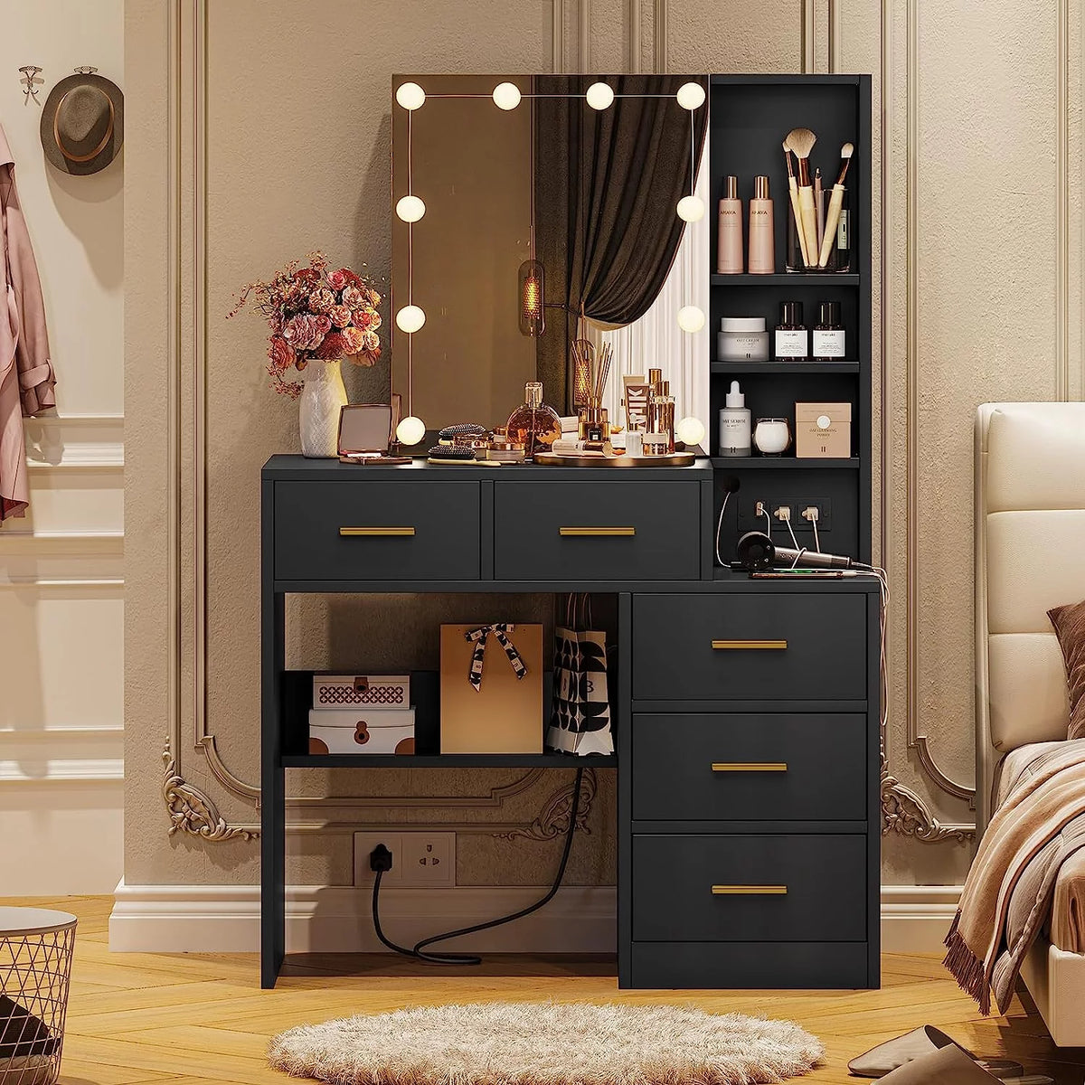 Black Vanity Table with Sliding Mirror and LED Lights A33713