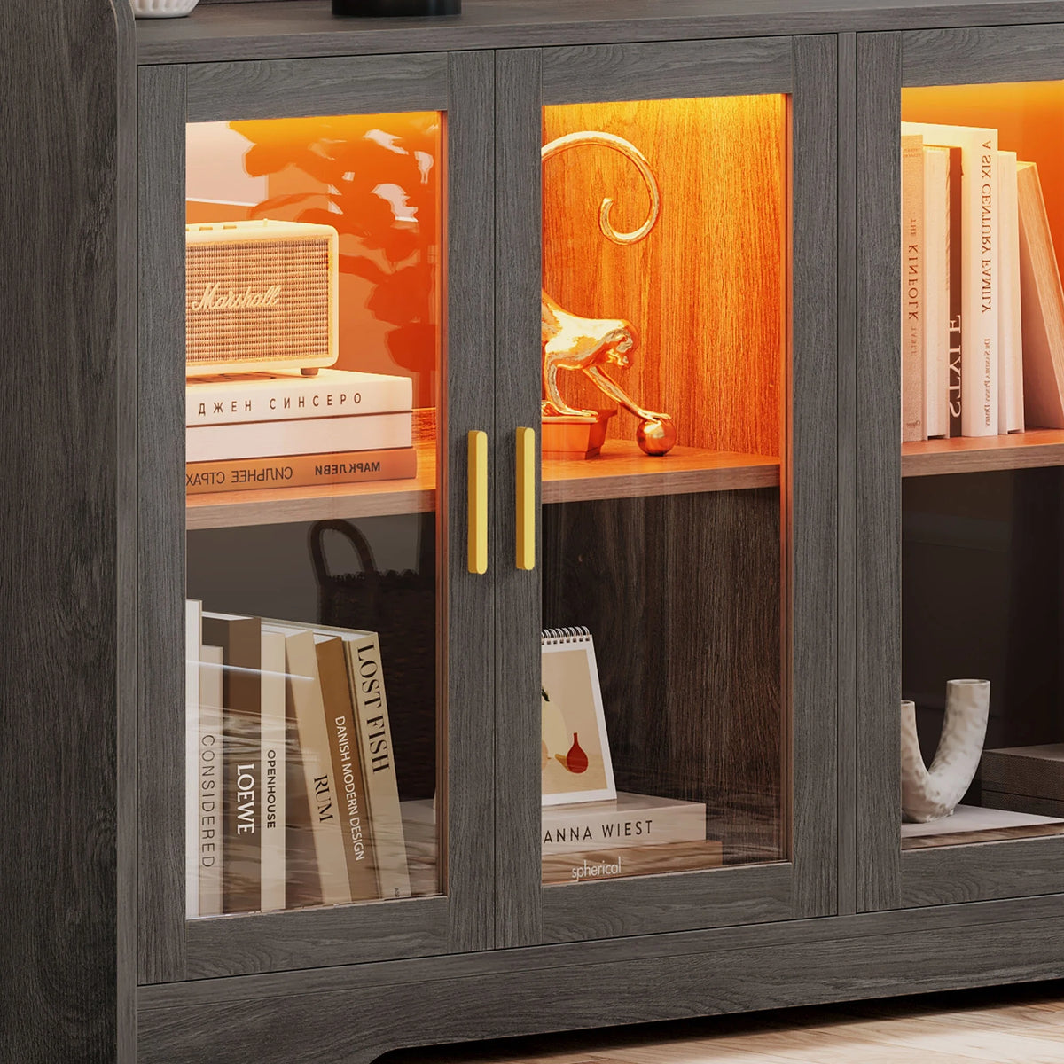 Gray Wood Acrylic Glass Sideboard Cabinet with LED Light E309238