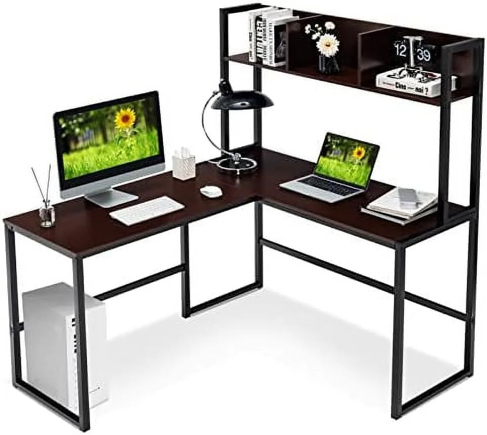 Reversible L-Shaped Corner Computer Desk with Hutch V45969