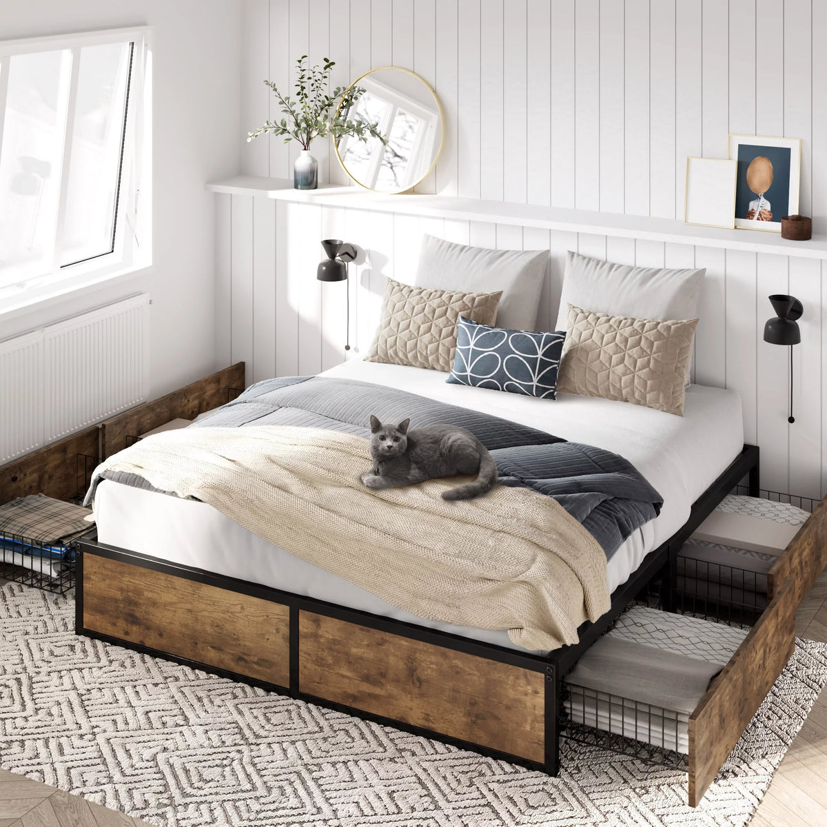 Queen Size Metal Platform Bed Frame with 4 Storage Drawers O541472