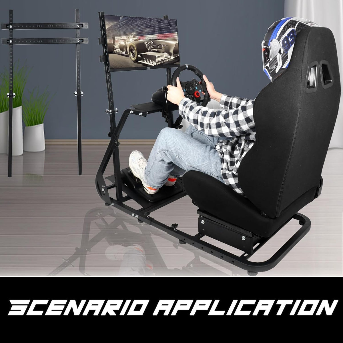Black Seat TV VR Sim Racing Simulator Cockpit with Monitor Stand U89273