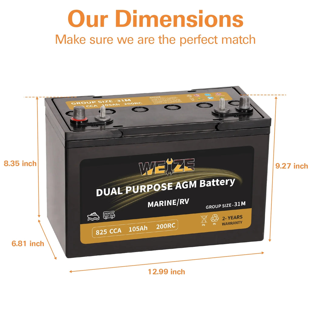 12V 105AH Dual Purpose AGM Battery, 825CCA Group 31M N321257