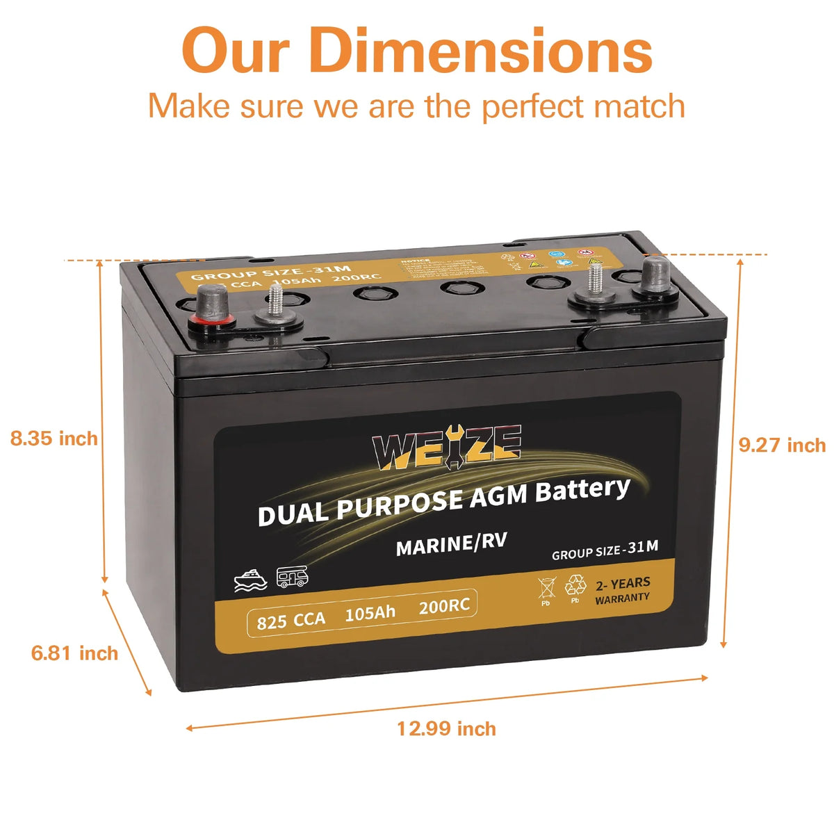 12V 105AH Dual Purpose AGM Battery, 825CCA Group 31M N321257