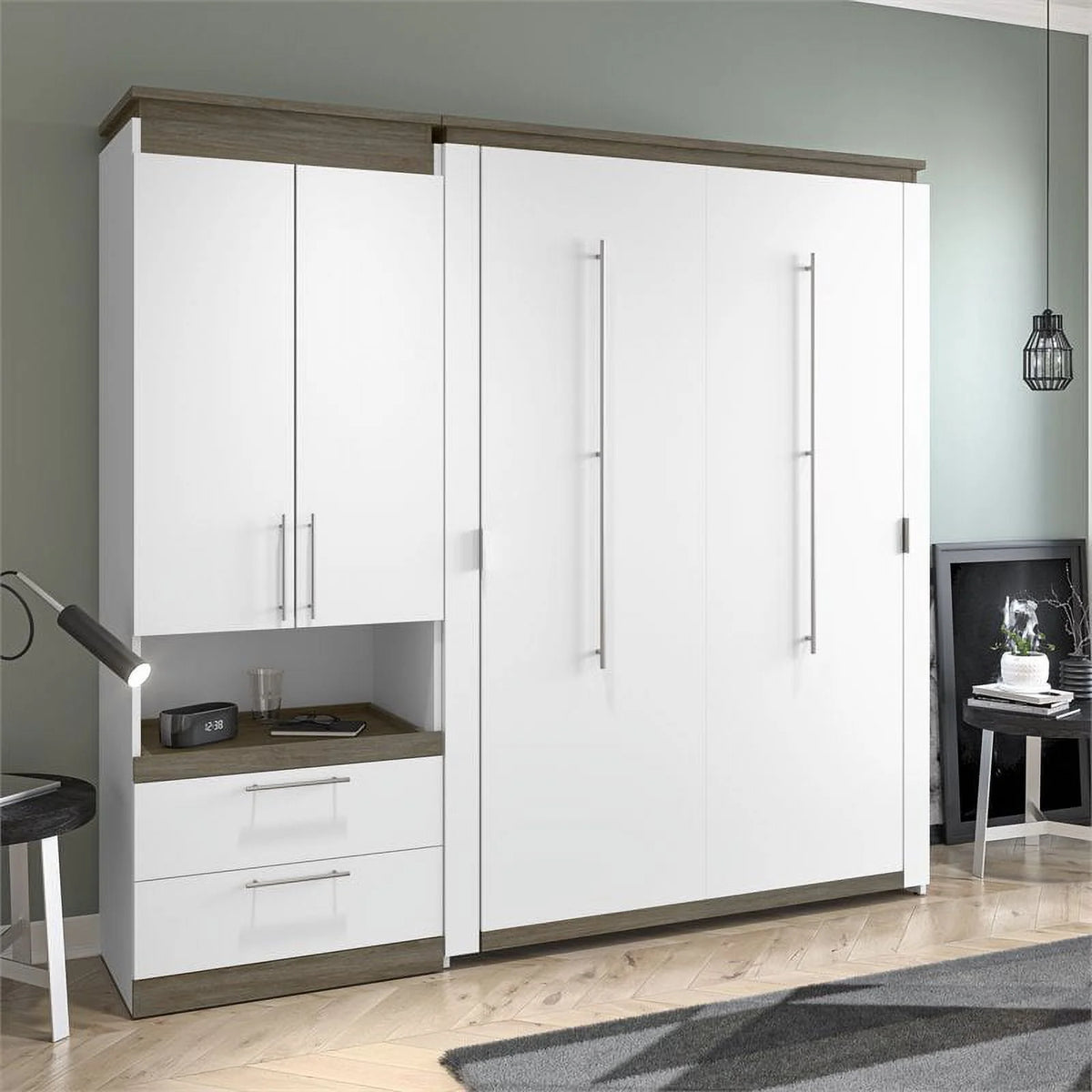 White Full Murphy Bed with Storage Cabinet J24328