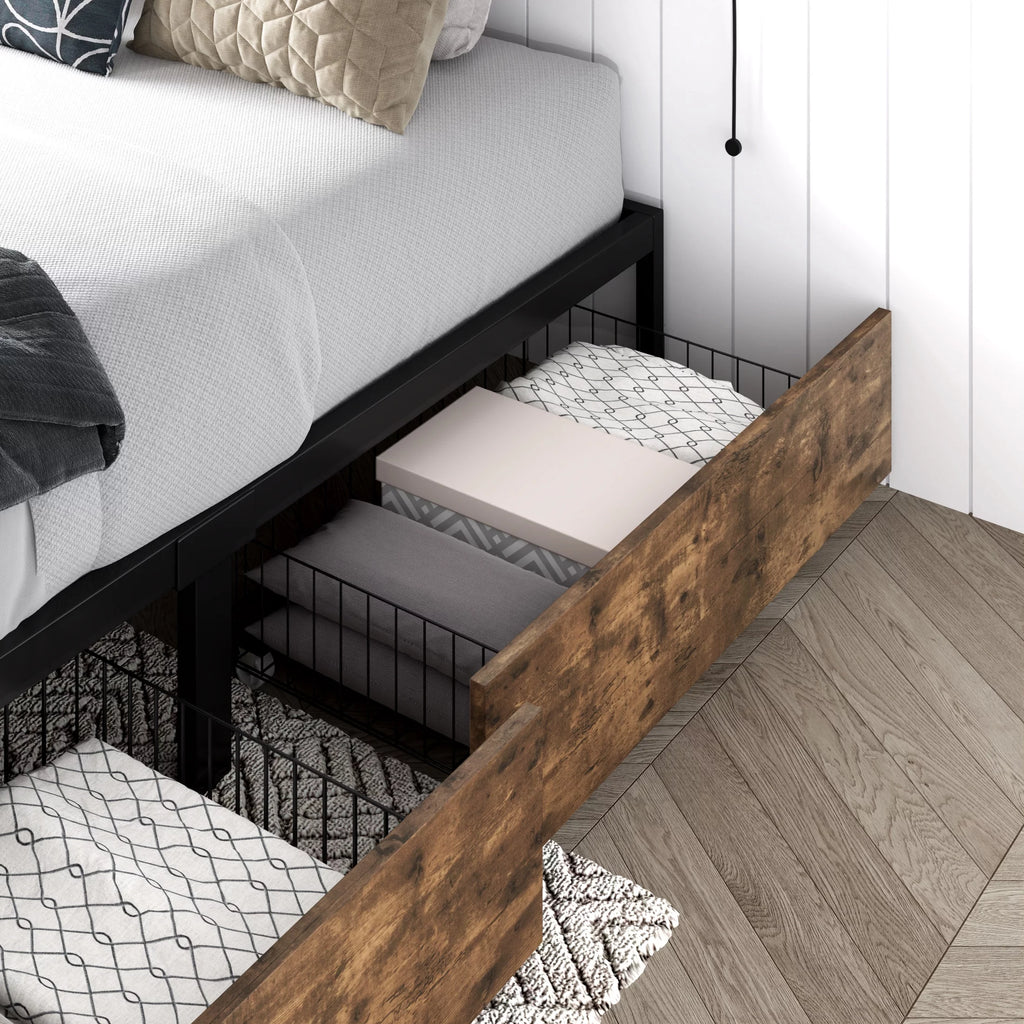 Queen Size Metal Platform Bed Frame with 4 Storage Drawers O541472