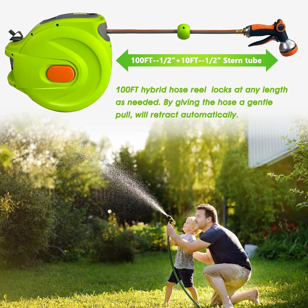 Retractable Garden Hose Reel, 1/2'' x 100+10 FT Wall Mounted with 8 Patterns Nozzles I96594