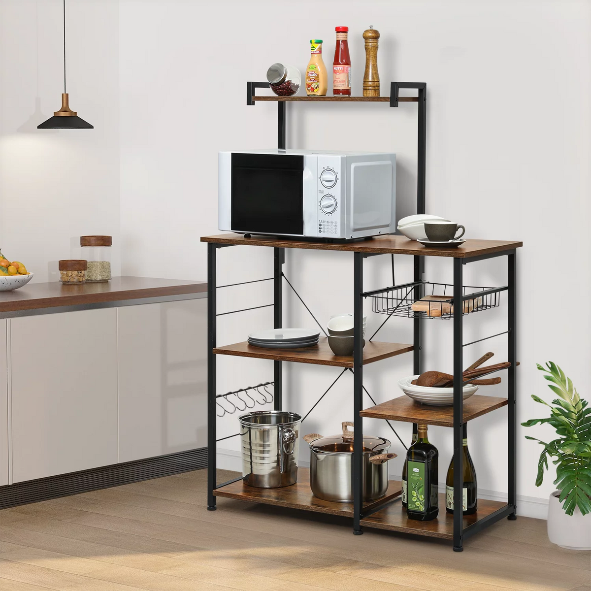 Brown 6 Shelves Utility Storage Shelf with Wire Basket E518988