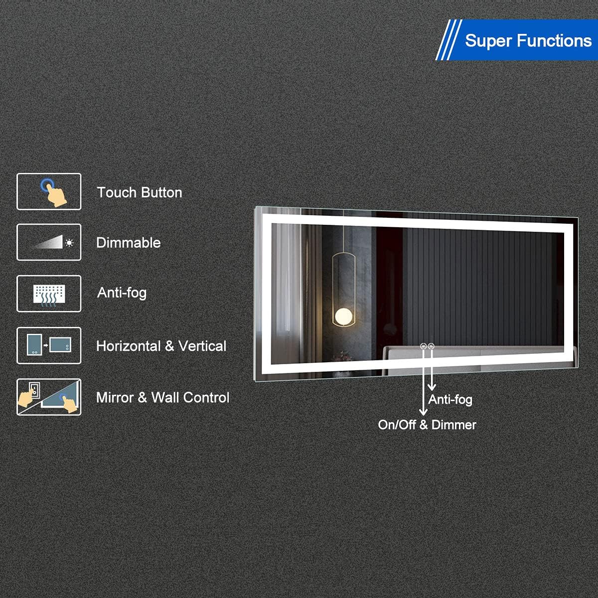 Horizontal Dimmable LED Bathroom Mirror with Anti-Fog and Bluetooth F762