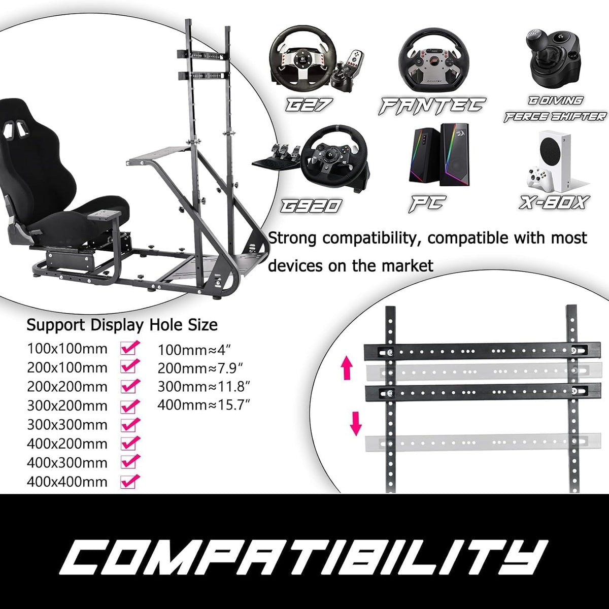 Black Seat TV VR Sim Racing Simulator Cockpit with Monitor Stand U89273
