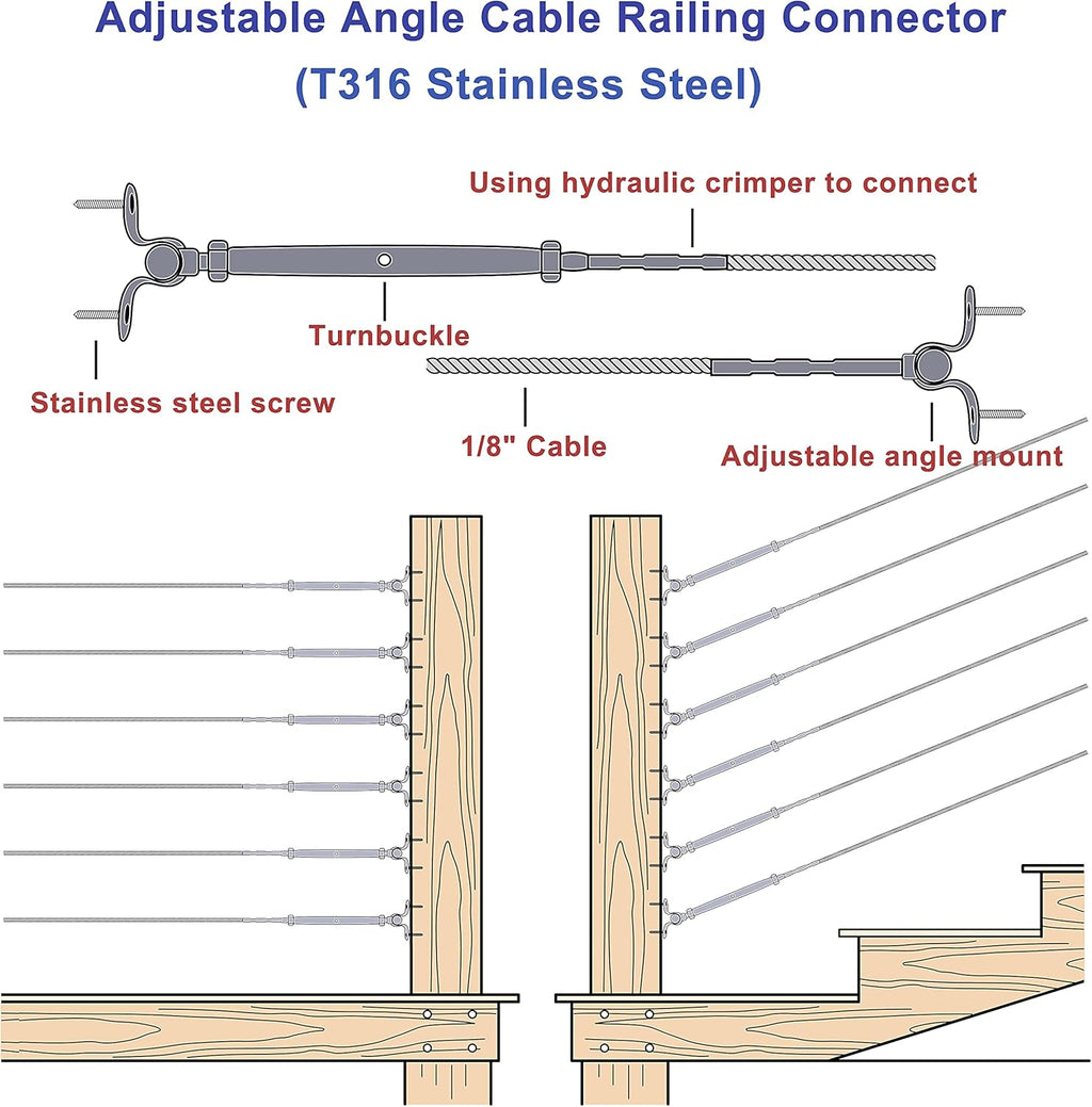 20 Sets T316 Stainless Steel Adjustable Angle 180° Cable Railing Kit F396