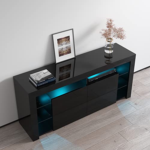 Modern High Gloss 61" TV Stand with Storage Cabinets and LED Lights D4931