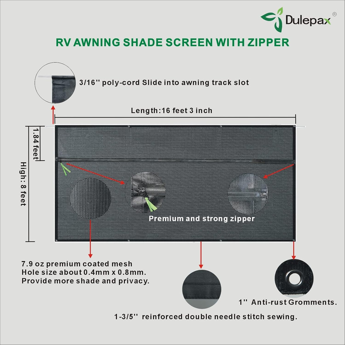 RV Awning Shade Screen with Zipper 8'X13'3'' D7154