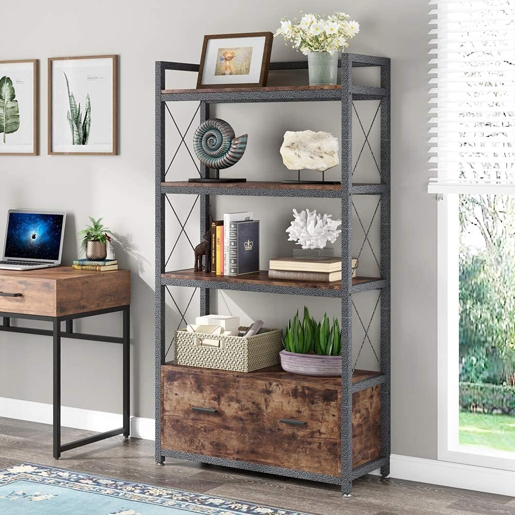File Cabinet with Drawer, Letter Size/A4 Size Lateral Filing Cabinet with Open Storage Shelves I4591