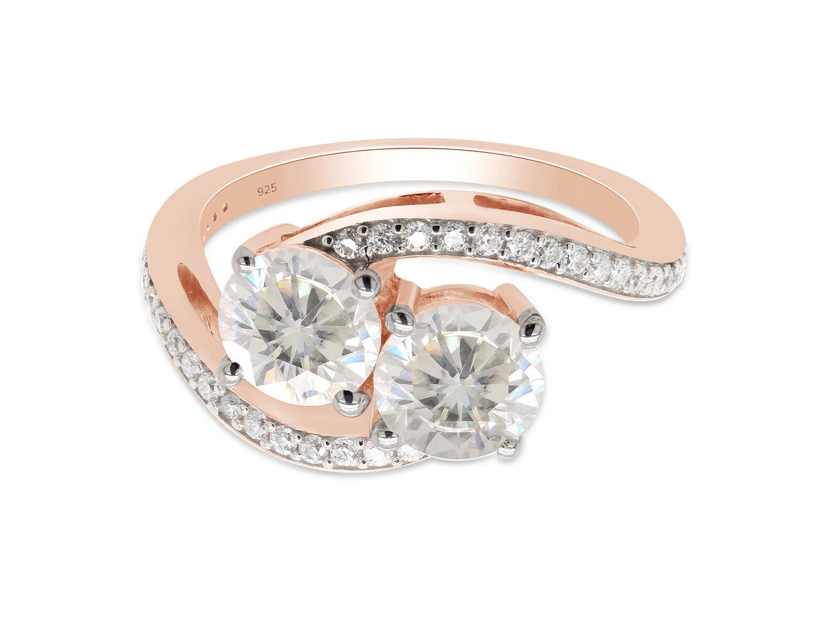 14K Rose Gold Over Sterling Silver Moissanite Two Stone Bypass Engagement Ring Z1813