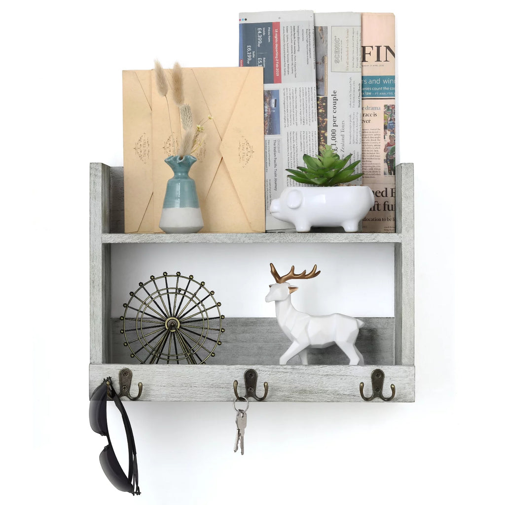 Rustic Wood Floating Storage Shelf with 3 Hooks N2422
