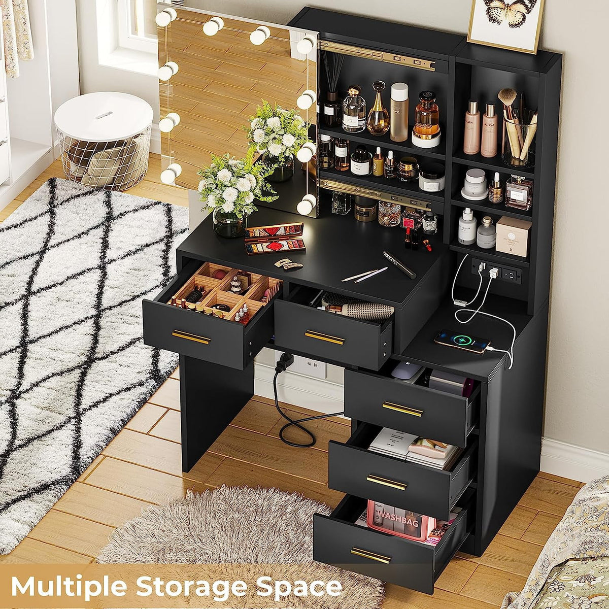 Black Vanity Table with Sliding Mirror and LED Lights A33713