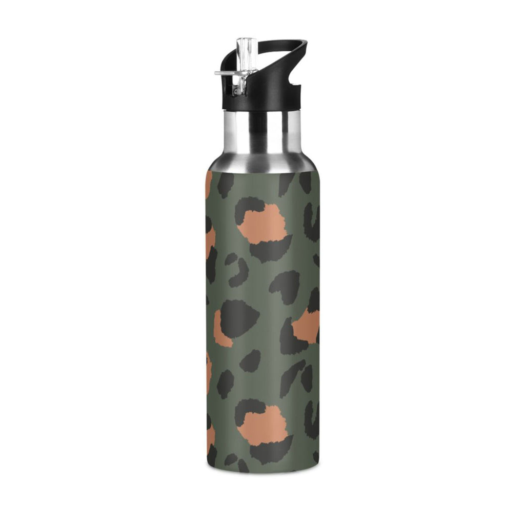 Green-brown Leopard Print 20 OZ Stainless Steel Vacuum Insulated Water Bottle with Straw Lid N4117