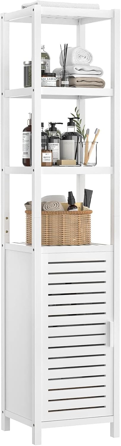Bamboo 6-Tier Tall Narrow Storage Cabinet with Shutter Door and Open Shelves D207