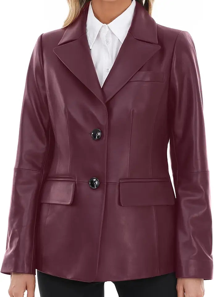 Lambskin Leather Jacket Women Long Sleeve Button Front F42238