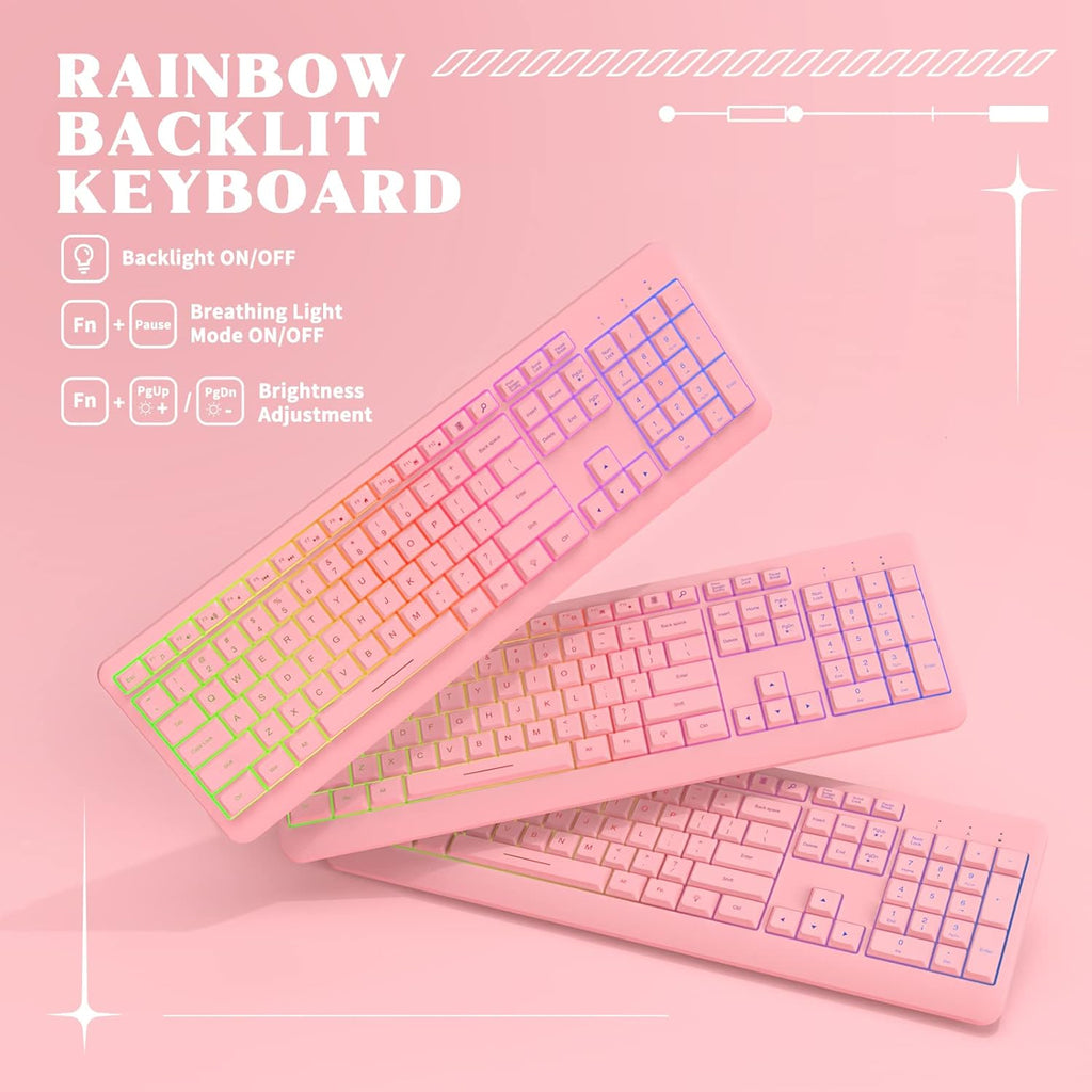 Pink Keyboard and Mouse Combo with Cat Ear Headset and Mouse Pad, RGB Gaming Mice 6400DPI, Noise Cancelling Mic Headphones, Rainbow Backlit Keyboard, Pack of 2 V626