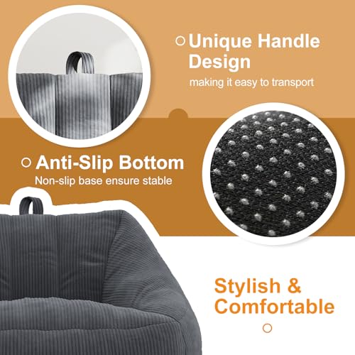 Large Comfy Corduroy Bean Bag Chair with Armrests Grey V330573