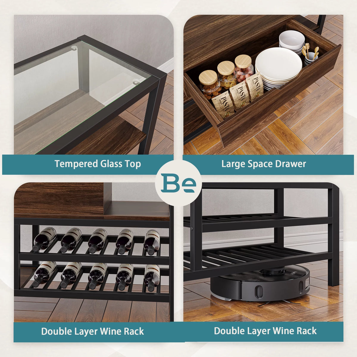 Glass Top Console Table with Wine Rack & Storage Cabinet F2727