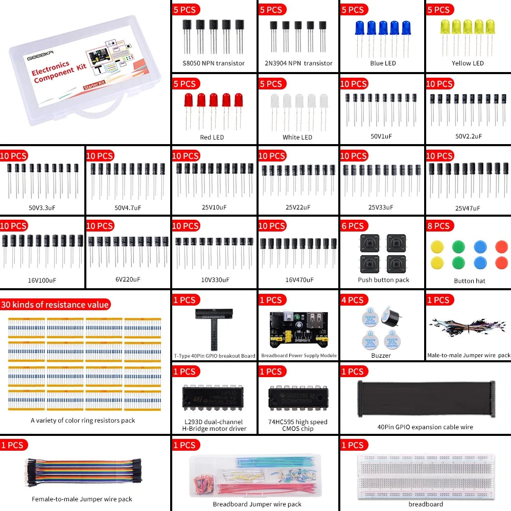 Electronics Component Fun Kit with Power Supply Module, Breadboard, GPIO Extension Module, Jumper Wires, LED T803