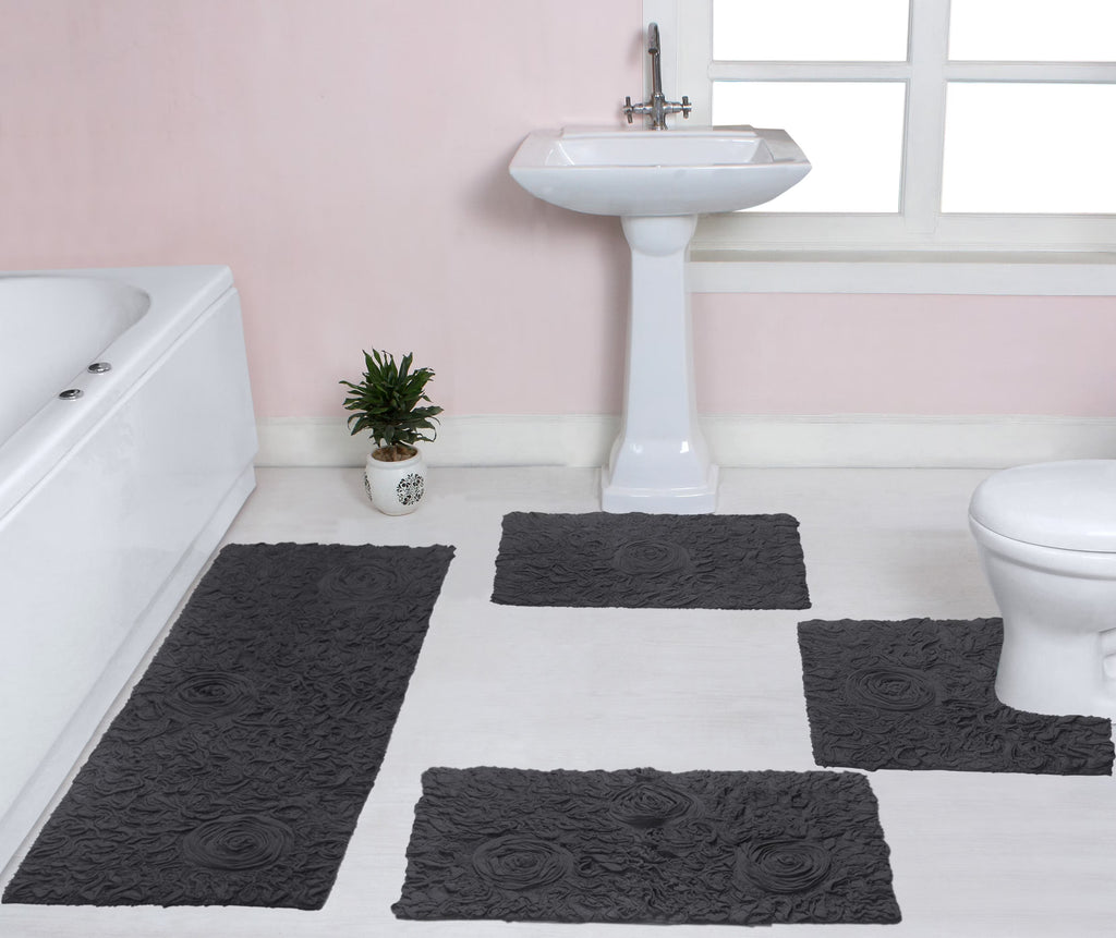 100% Cotton Non-Slip Bathroom Rug Set, 4 Piece Bath Mat Set with Contour Grey W36451