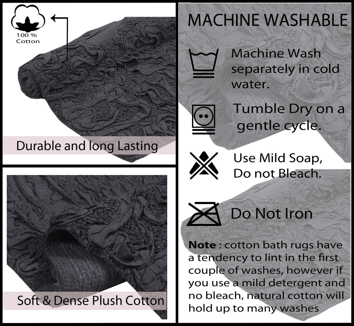 100% Cotton Non-Slip Bathroom Rug Set, 4 Piece Bath Mat Set with Contour Grey W36451