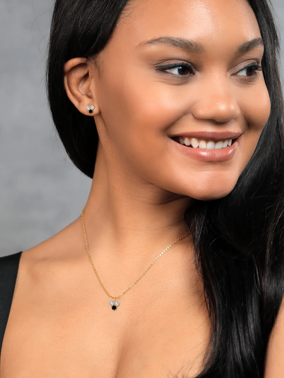 14K Yellow Gold White Created Sapphire and Black Diamond 3 Stone Pendant and Earrings Jewelry Set F14022