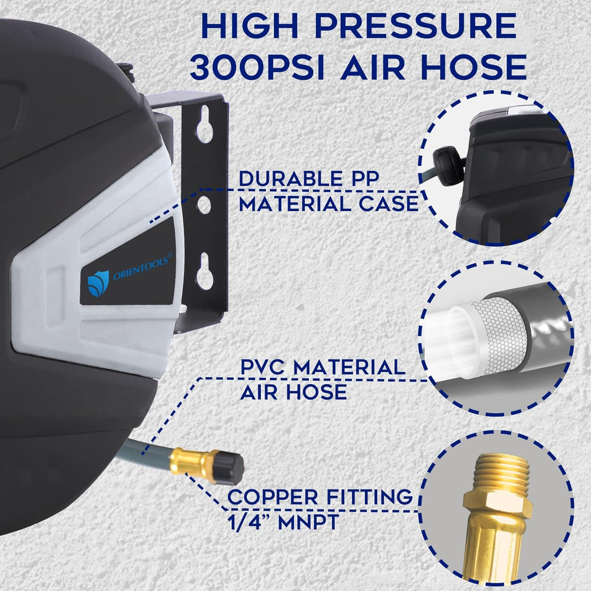 3/8” Retractable Air Hose Reel, 98+6.6 FT, 300PSI, Hybrid Polymer Hose, 1/4 Inch Connector F79809
