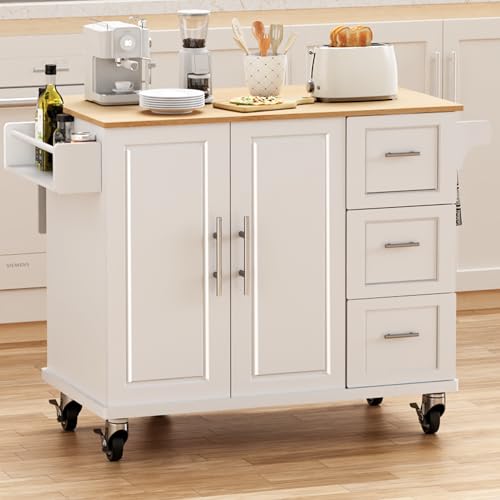White Rolling Kitchen Island with Storage V541