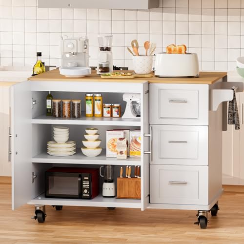 White Rolling Kitchen Island with Storage V541
