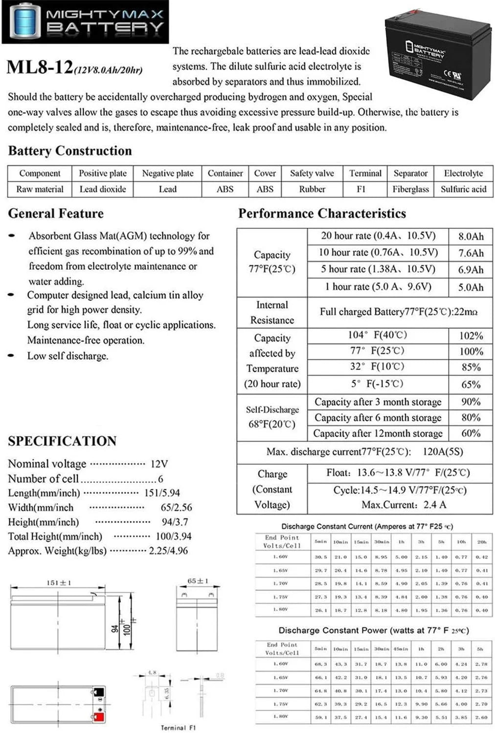 12 Volt 8 AH Rechargeable SLA AGM Battery O6644