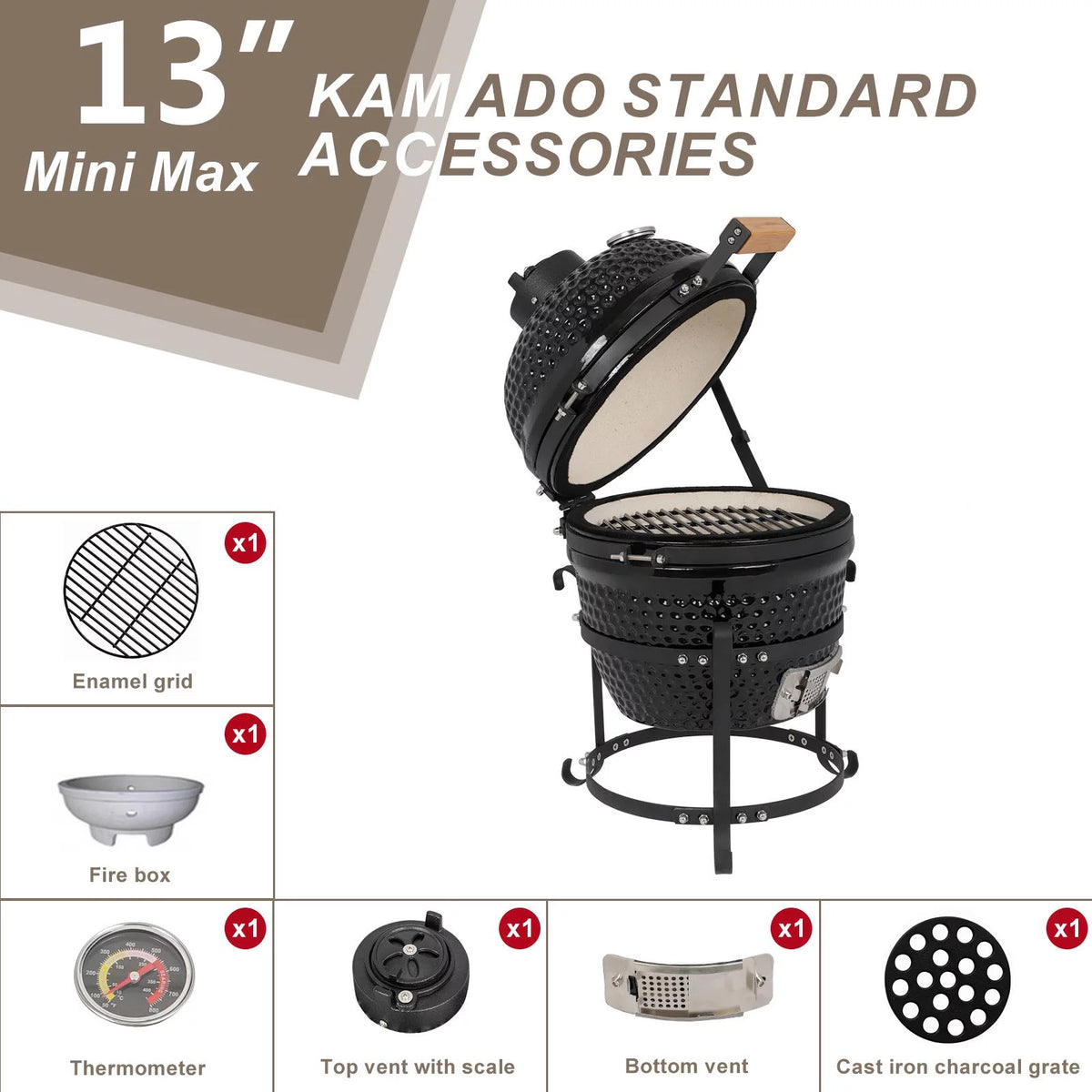 13in Black Ceramic Charcoal BBQ Grill X13648
