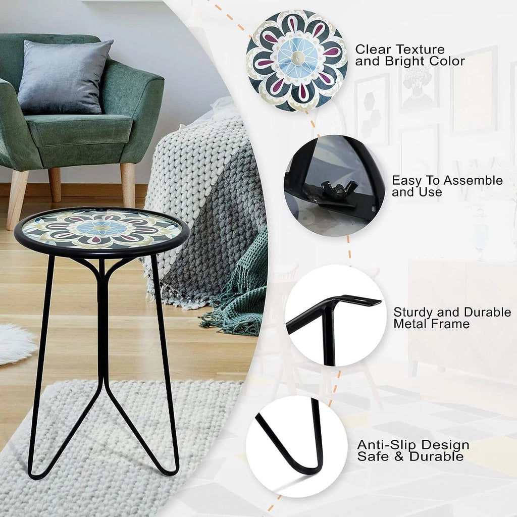 Mosaic Metal Round Glass Table 12x12x22 inch W377