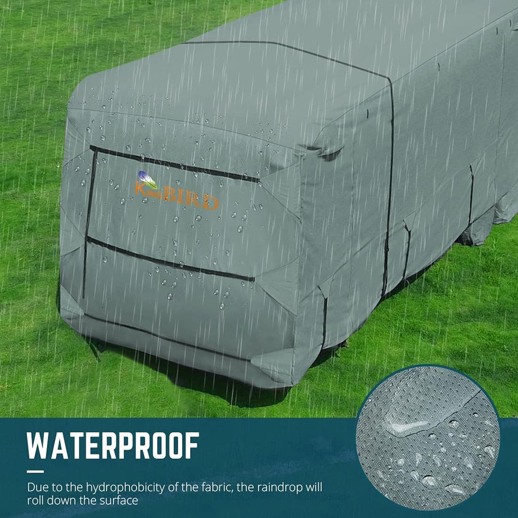 Extra-Thick 4 Layers Travel Trailer RV Cover with 2Pcs Extra Straps & 4 Tire Covers J7935