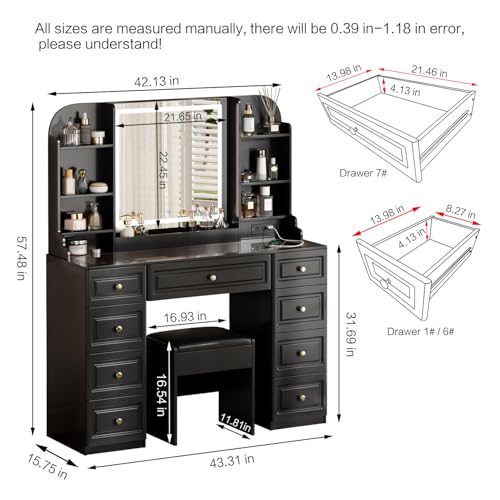 42" Black Makeup Vanity Desk with Mirror and Lights P10025