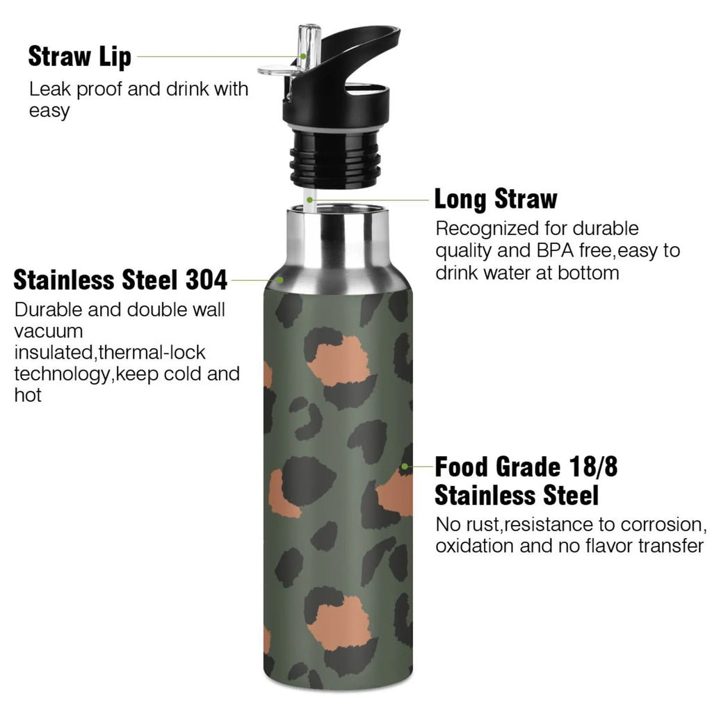 Green-brown Leopard Print 20 OZ Stainless Steel Vacuum Insulated Water Bottle with Straw Lid N4117
