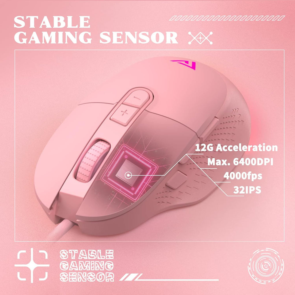 Pink Keyboard and Mouse Combo with Cat Ear Headset and Mouse Pad, RGB Gaming Mice 6400DPI, Noise Cancelling Mic Headphones, Rainbow Backlit Keyboard, Pack of 2 V626