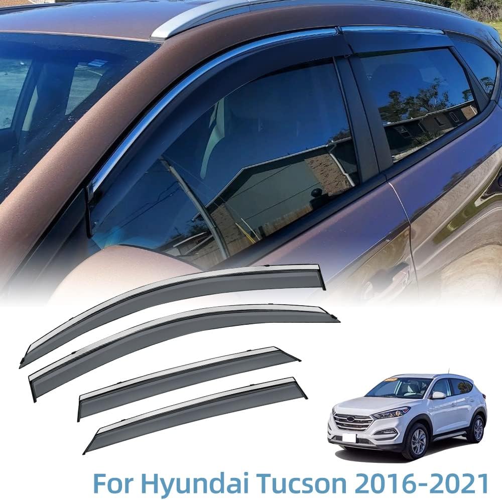Compatible with Hyundai Tucson 2016-2021 Window Wind Deflector Rain Guard with 304 Stainless Steel Trim Pack of 2 C157570