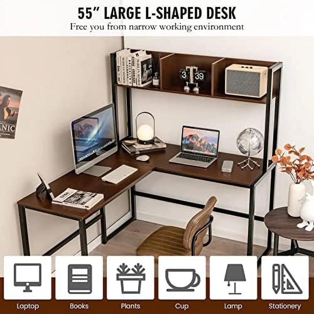 Reversible L-Shaped Corner Computer Desk with Hutch V45969