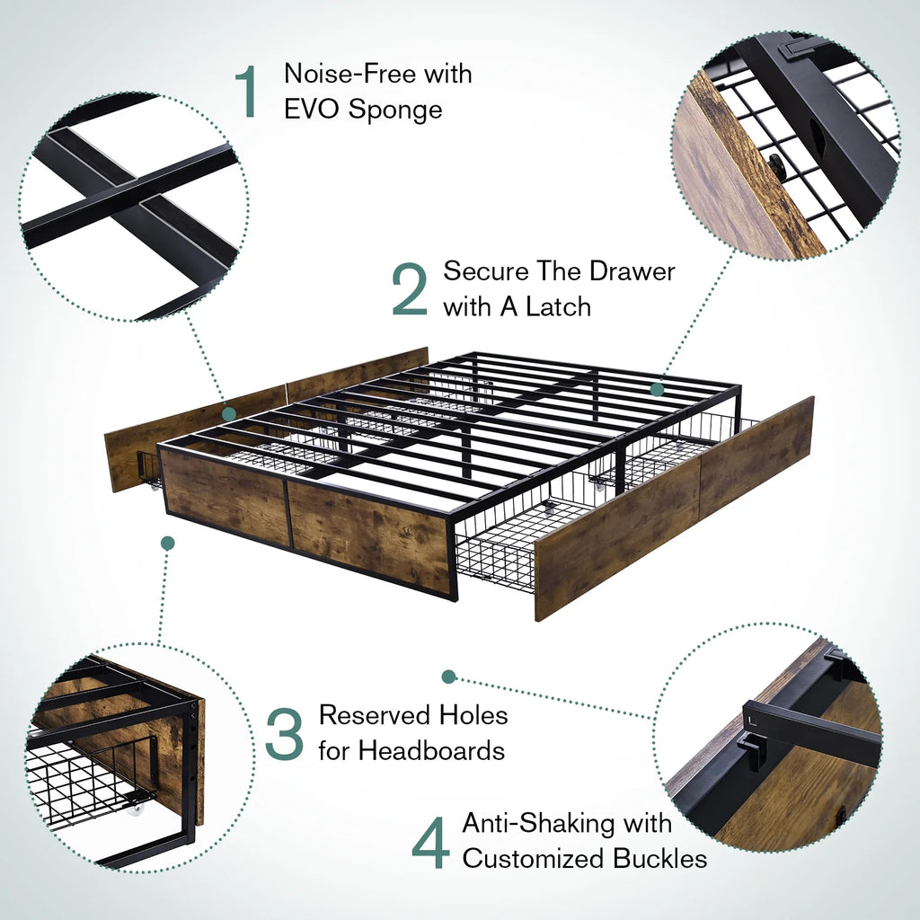 Queen Size Metal Platform Bed Frame with 4 Storage Drawers O541472