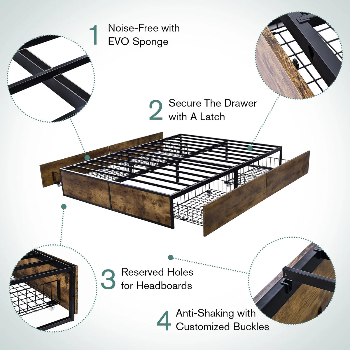 Queen Size Metal Platform Bed Frame with 4 Storage Drawers O541472