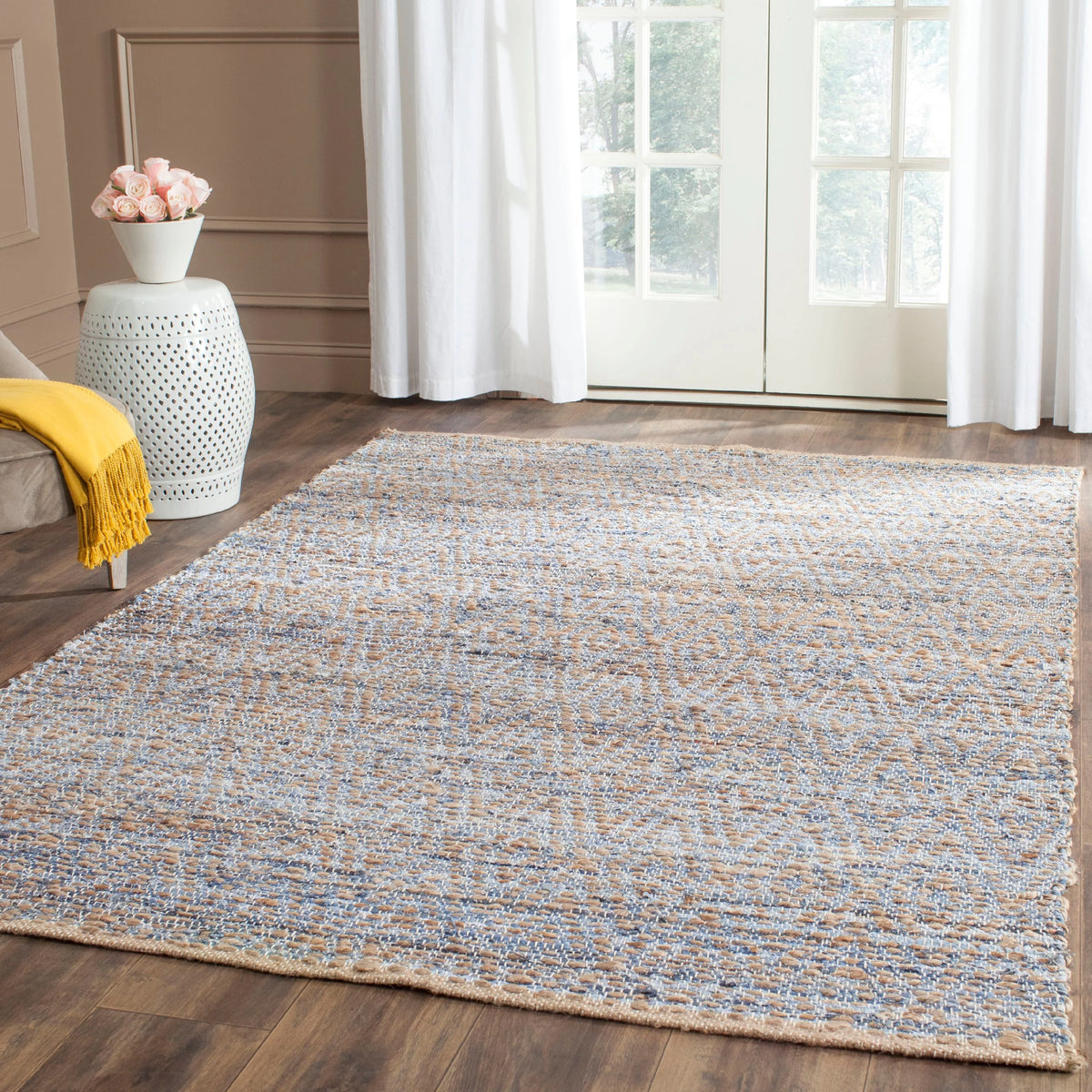 Natural Blue Striped Jute Area Rug 9' x 12' Y414976