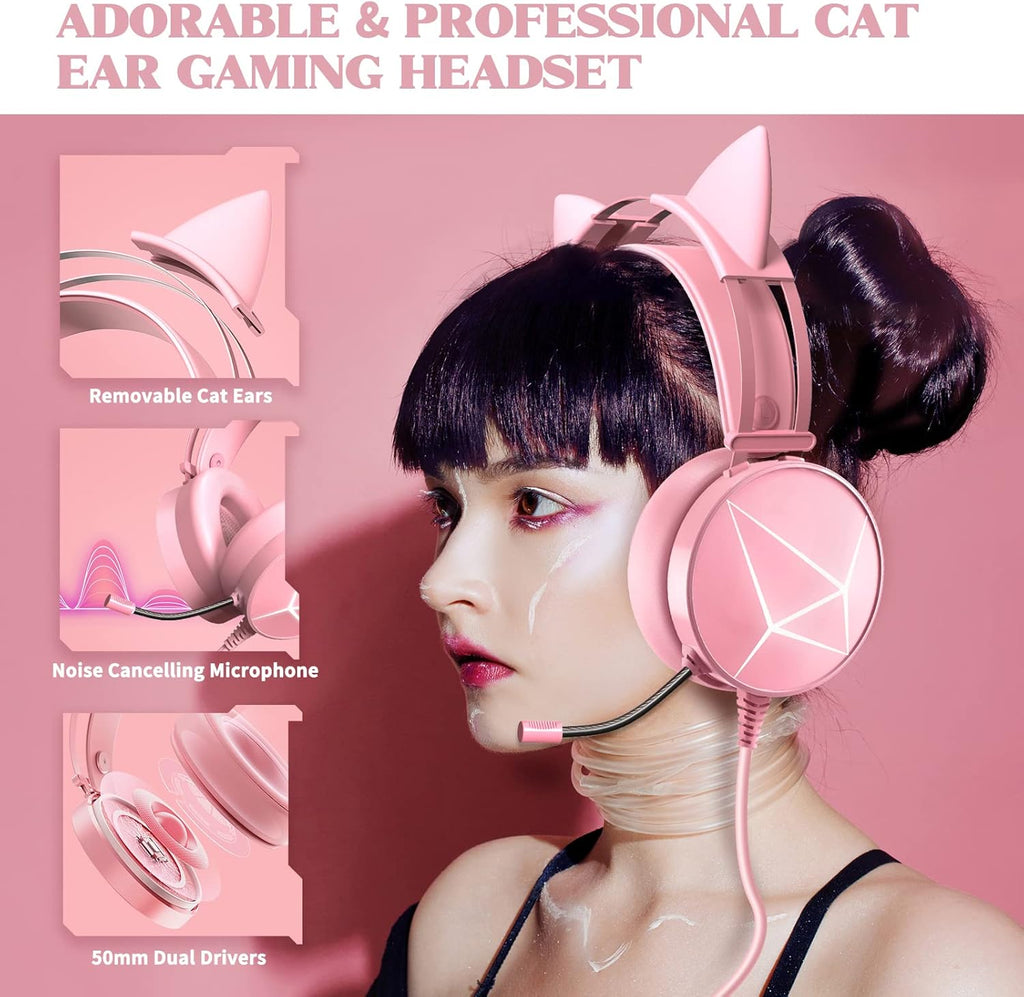Pink Keyboard and Mouse Combo with Cat Ear Headset and Mouse Pad, RGB Gaming Mice 6400DPI, Noise Cancelling Mic Headphones, Rainbow Backlit Keyboard, Pack of 2 V626