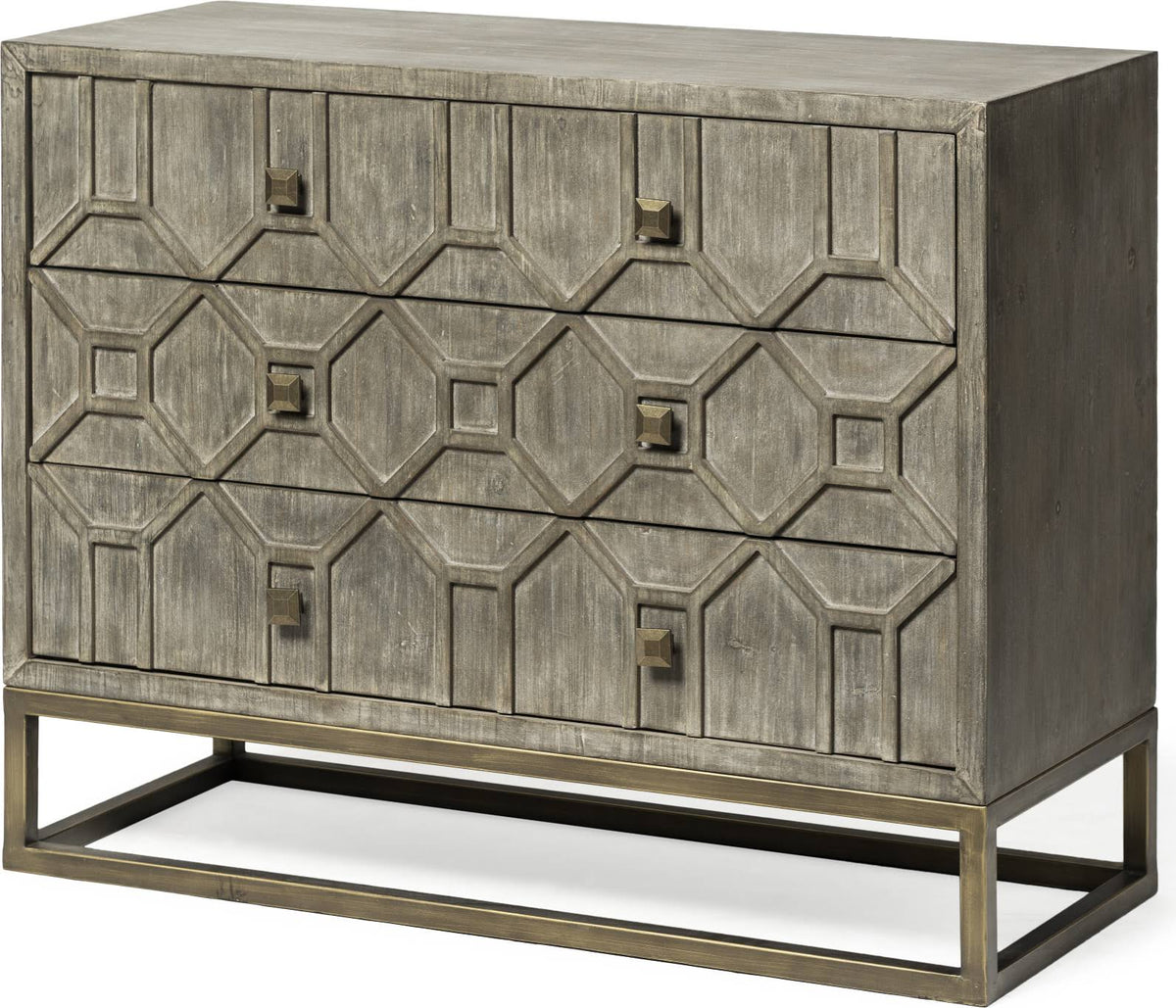Solid Wood and Brass 3 Drawer Cabinet in Brown N510